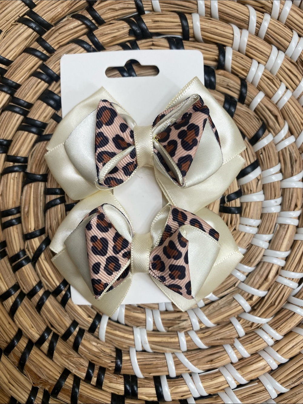 Cream Leopard Print Double Bow Hair Clips for Kids